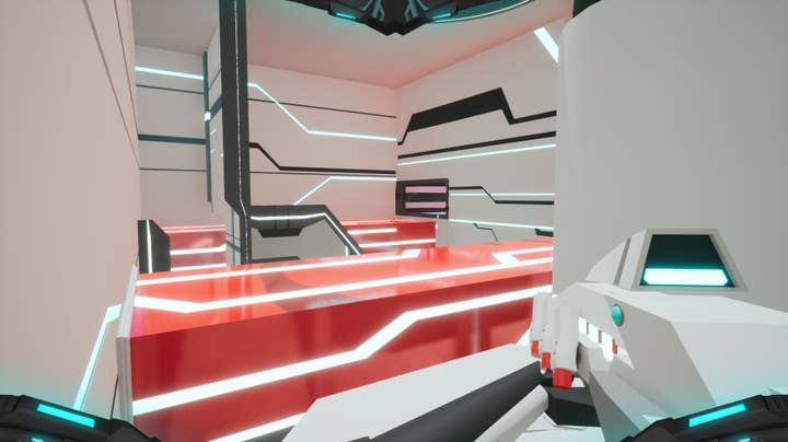 A screenshot from Red Trigger showing the game's first-person view and the player's gun in the bottom right. It's a sci-fi game and the player is in a room with white walls and a pair of large red bars extending through the room. A vent appears to be situated in the wall just above the far bar.