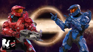 Red vs. Blue promo art showing a Red Halo Spartan holding a gun and a blue Halo Spartan making finger guns