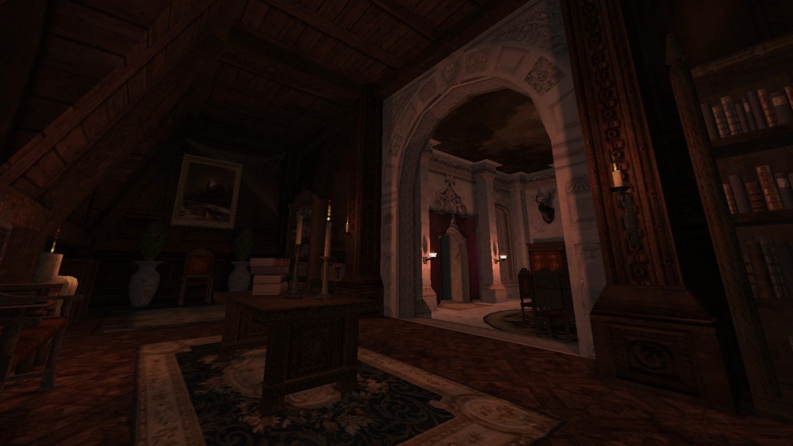 A gloomy opulent hallway with a sloping roof, an arched entrance and candles and bookshelves, from a Thief 2 mod called Reflections In Red. - 1
