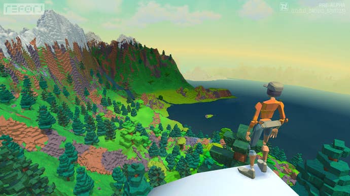A character looks out over a landscape in Reforj, a new game from the developers of Minecraft’s console ports.