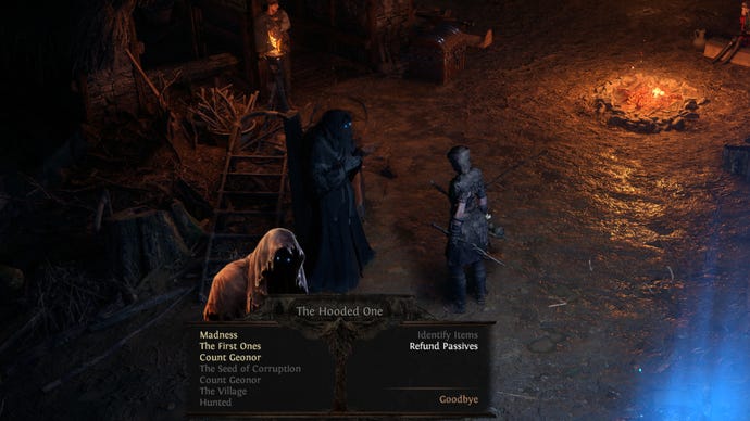 Talking with the Hooded One in Path of Exile 2, and preparing to Refund Passives.