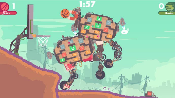 Two player-made mechs play basketball in Regular Human Basketball.