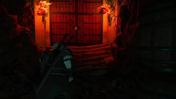Witcher 3 Netflix quest: A man in striped armor approaches two large wooden doors illuminated by red firelight