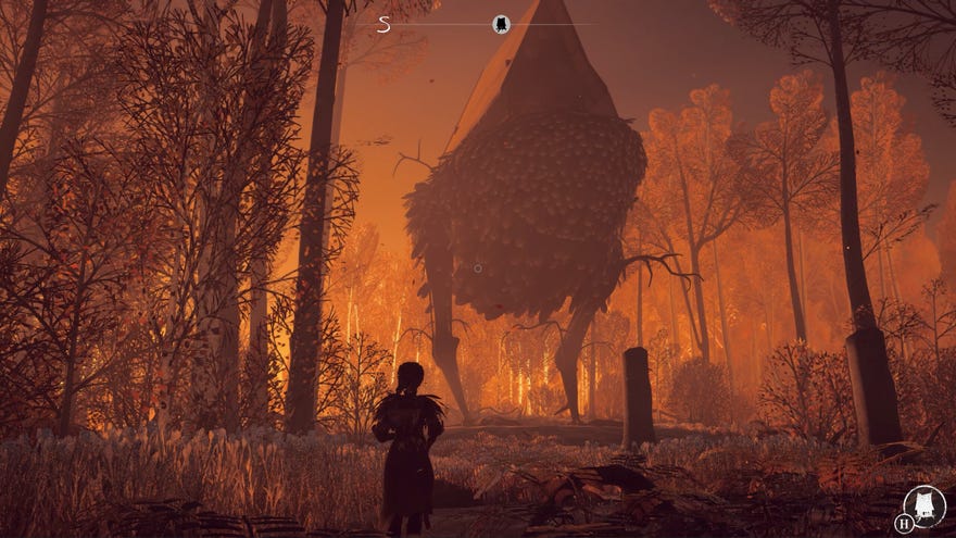 A Reka screenshot showing a baba yaga house bathed in sunset. The house is being lifted up in the air, supported by two giant chicken legs.