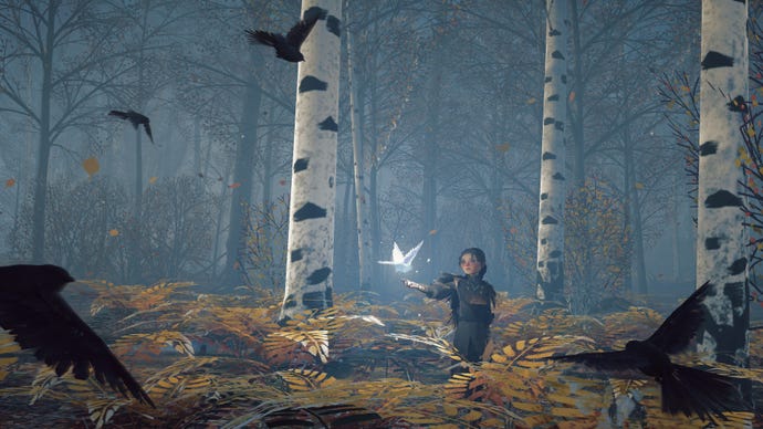 A young girl reaches out her hand to touch a magical white bird in Reka.