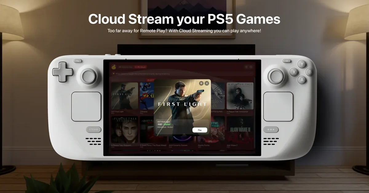 A white handheld gaming device displaying a game selection screen with "First Light" highlighted, promoting cloud streaming of PS5 games.