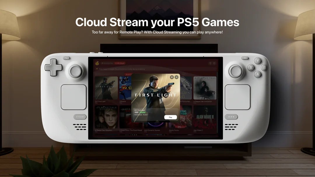 A white handheld gaming device displaying a game selection screen with "First Light" highlighted, promoting cloud streaming of PS5 games.