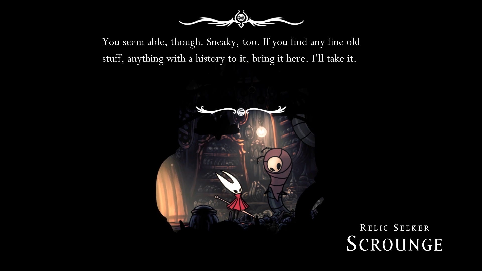 Hornet speaks with Relic Seeker Scrounge in Hollow Knight Silksong. - 1
