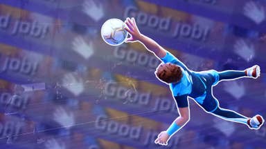 A goalie reaches to save a ball in Rematch, behind him, a wall of text that reads GOOD JOB