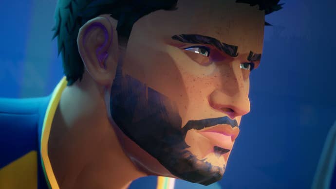 A close-up of a young antheral footballer squinting earnestly into the distance.