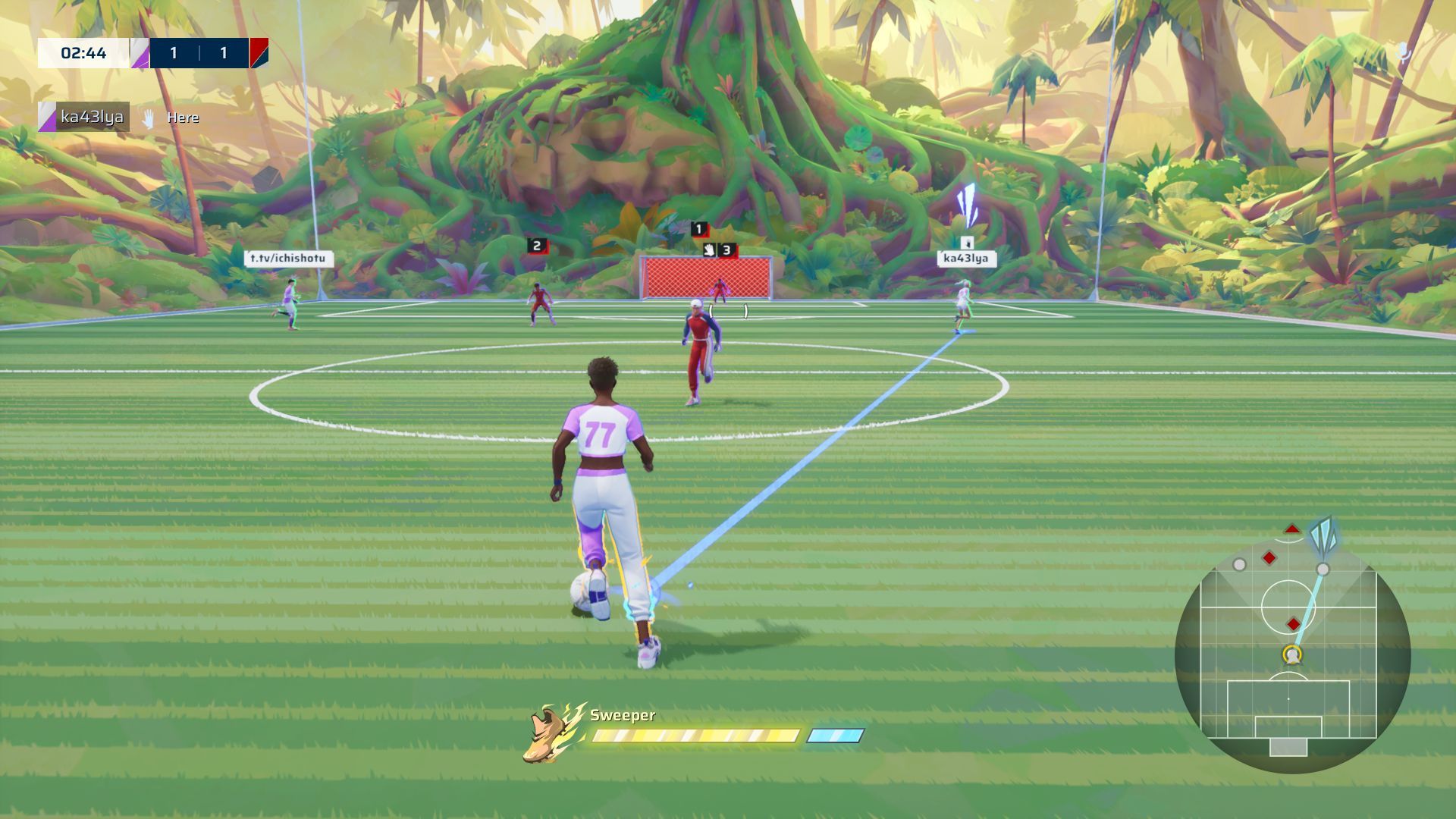 The player is guided toward a team mate with a blue arrow. - 12