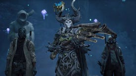 A player clad in druidic gear and wielding a crossbow is flanked by two other players in Remnant 2's The Forgotten Kingdom expansion.