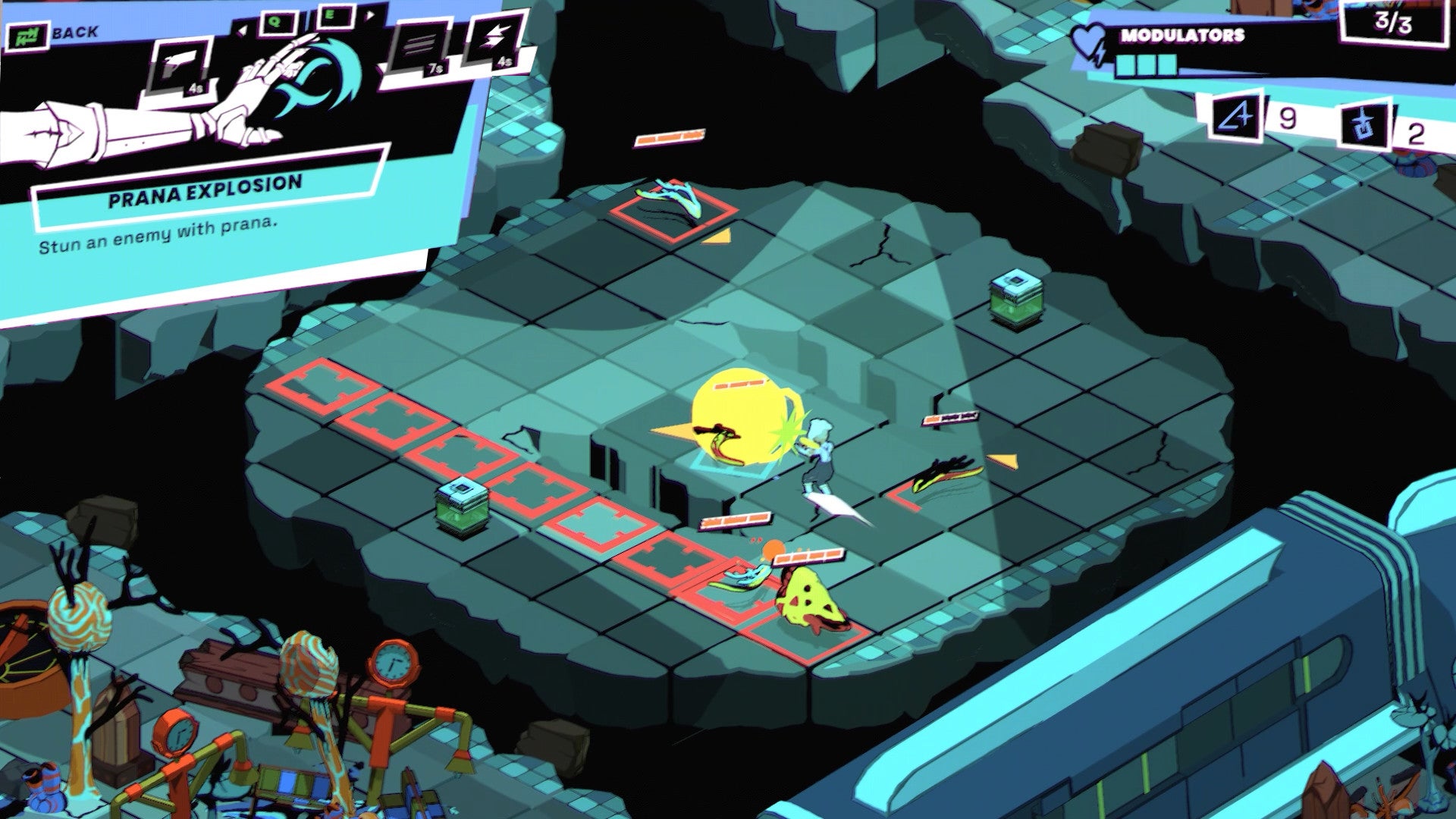 A warrior blasts a monster on a floating island marked out with an isometric grid in Remnants Of The Rift