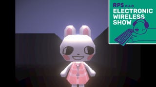 A close up of a cute bunny rabbit looking in a mirror in Rental. The green square EWS video is in the upper right corner