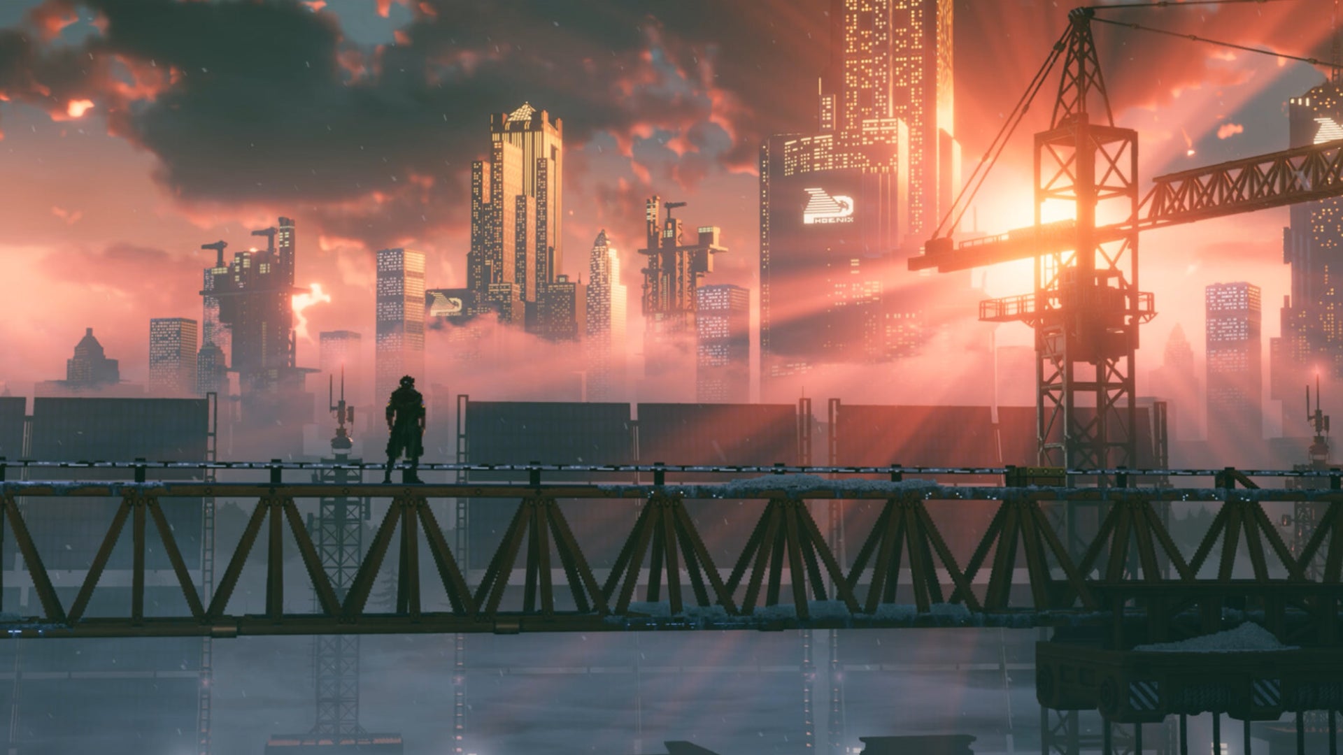 Replaced's protagonist Warren looking out over a futuristic city. - 1