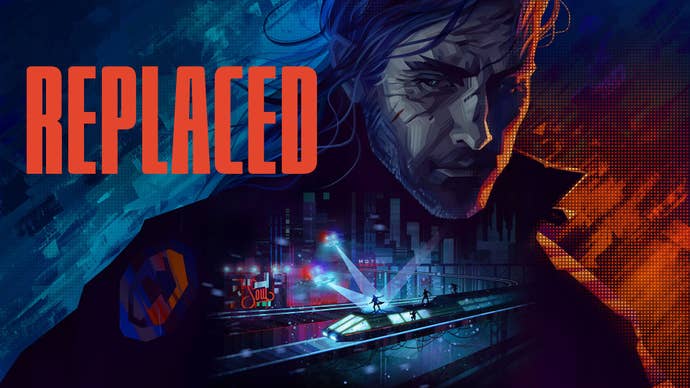 Artwork for Sad Cat Studio’s new game Replaced, showing a moody looking man and a highspeed train shootout