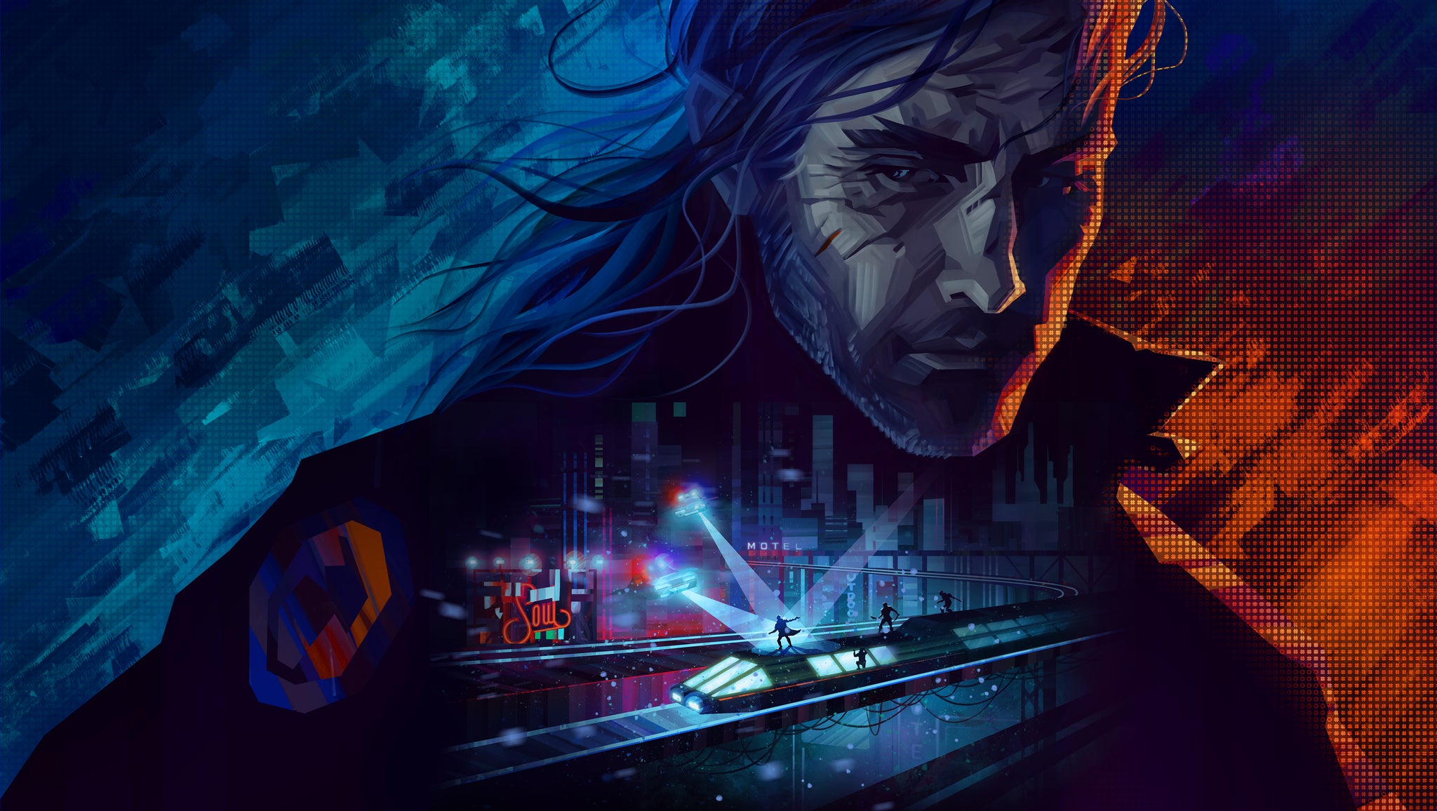 Key art for Replaced showing a middle-aged man's face layered over a vision of a futuristic city adn red and blue background