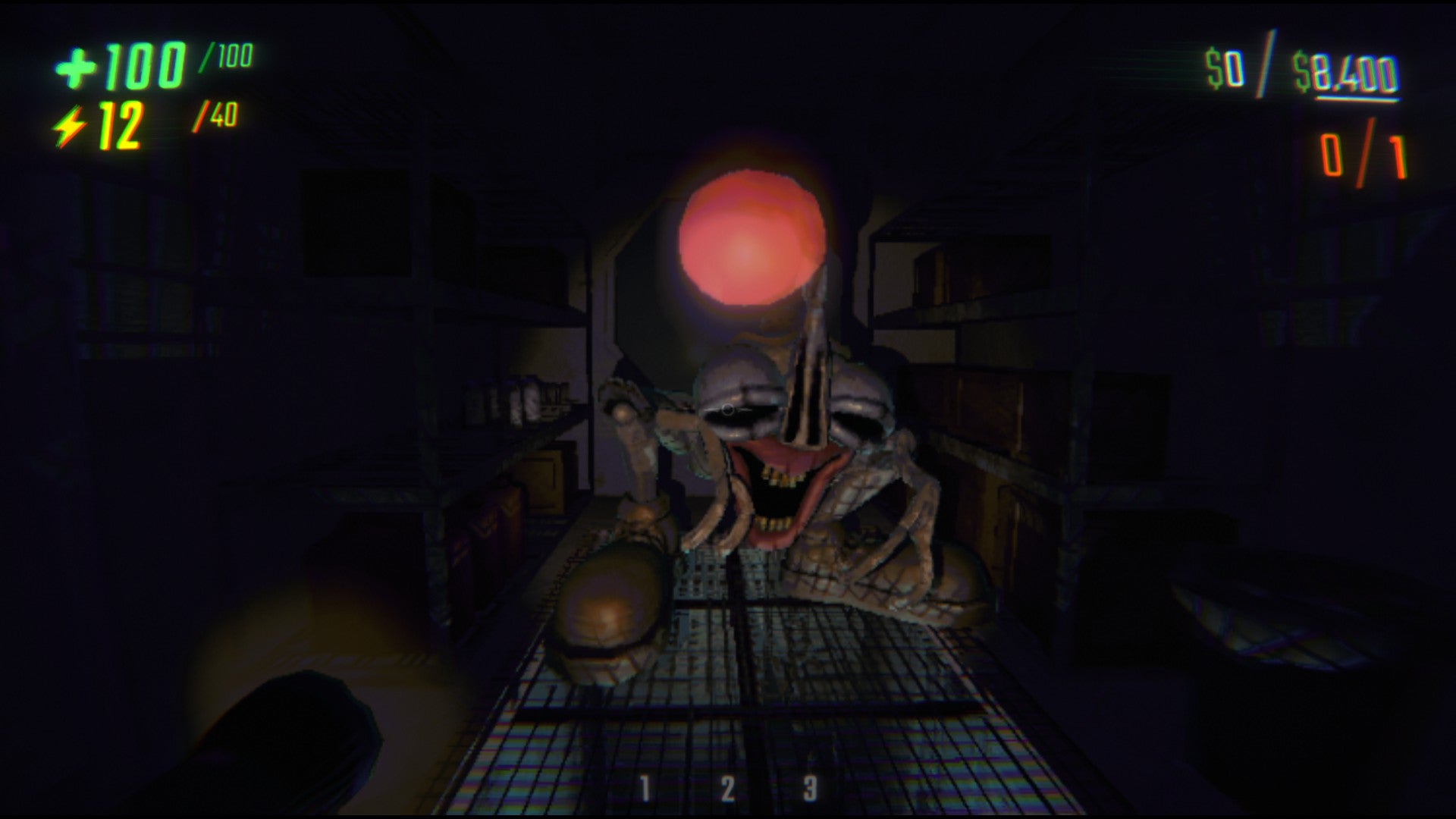 A screenshot from Repo, showing the player encountering a bug-like monster with clown shoes and a glowing red antenna.