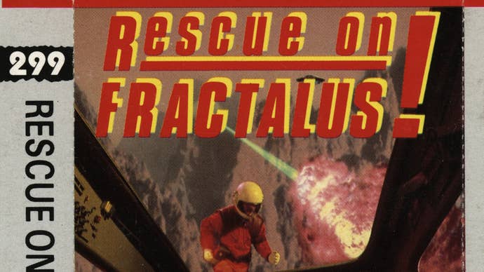 A close-up crop of the box art for Rescue on Fractalus!, showing the text of the title in front of a man running toward a spaceship cockpit, while an enemy aircraft shoots at him from the sky.
