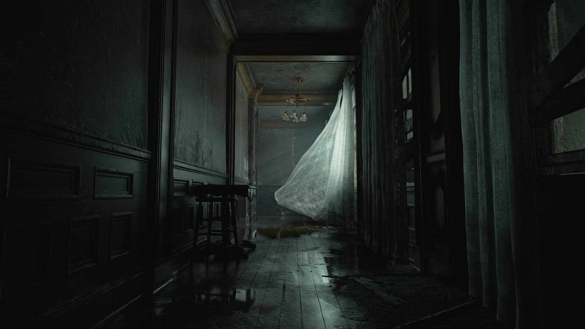 Resident Evil 9 Requiem screenshot showing a spooky hallway