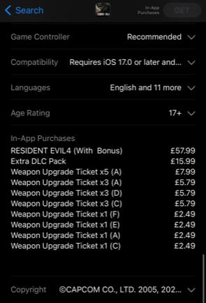 Resident Evil 4 price listing on iOS