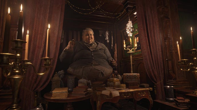 An image of the Duke, a burly shopkeeper who's sat between an open red curtain.