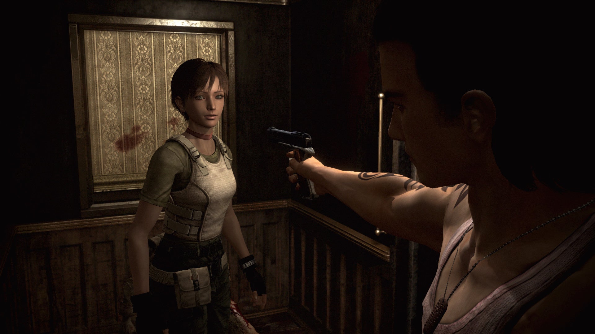 Billy Coen pointing a weapon  astatine  Rebecca Chambers successful  Resident Evil 0.