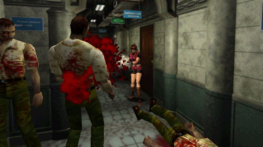 Claire Redfield fires a gun at a zombie in a corridor of a police department.