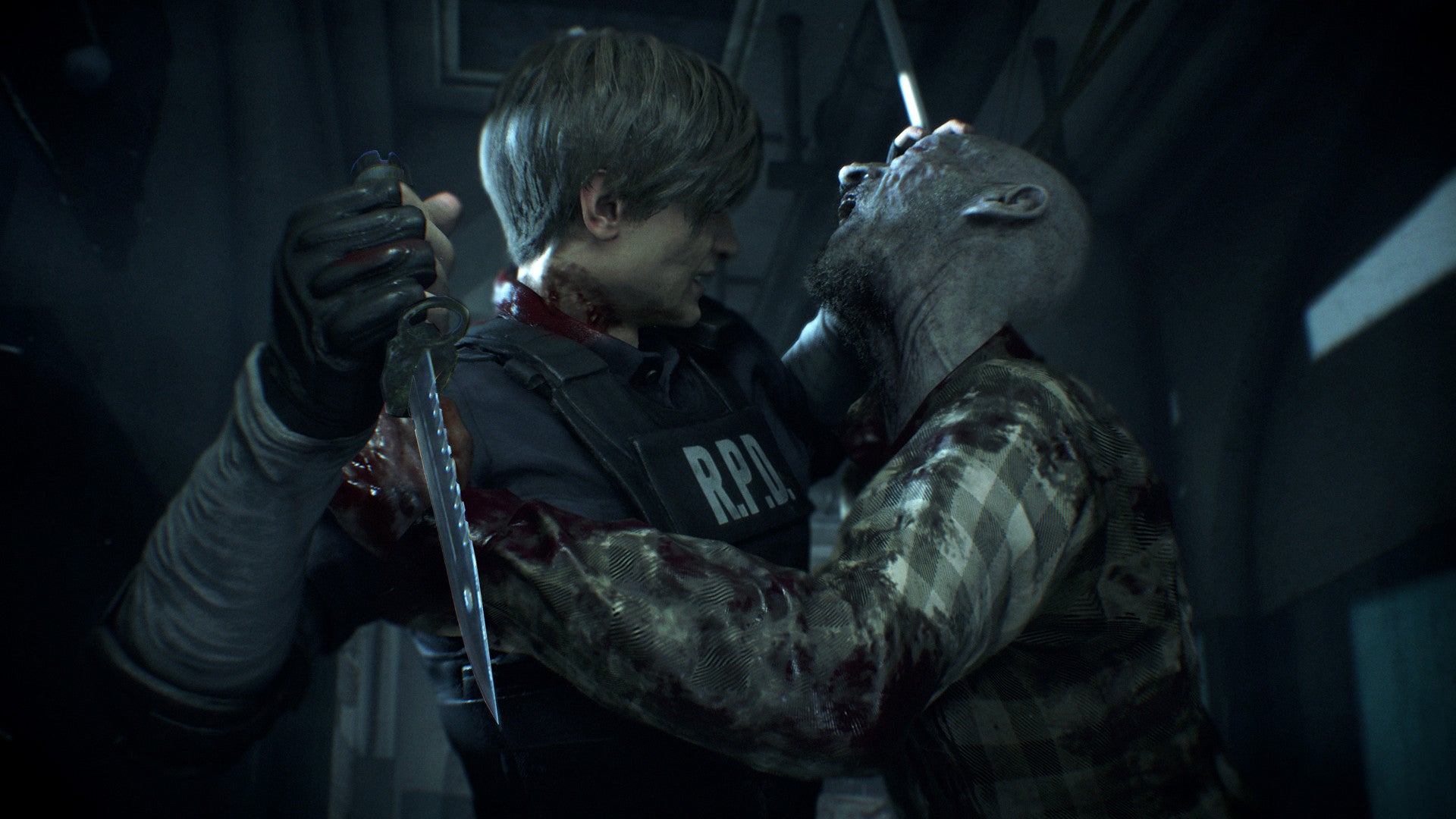 Leon Kennedy holding a knife as he is attacked by a zombie in the Resident Evil 2 remake.