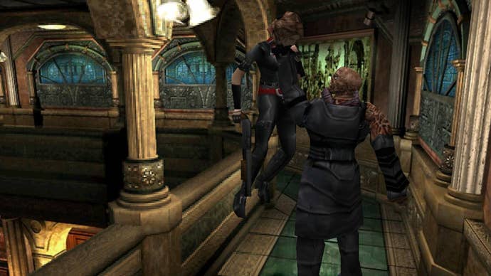 Nemesis holds Jill Valentine aloft by the throat which honestly must be so bad for your spine.