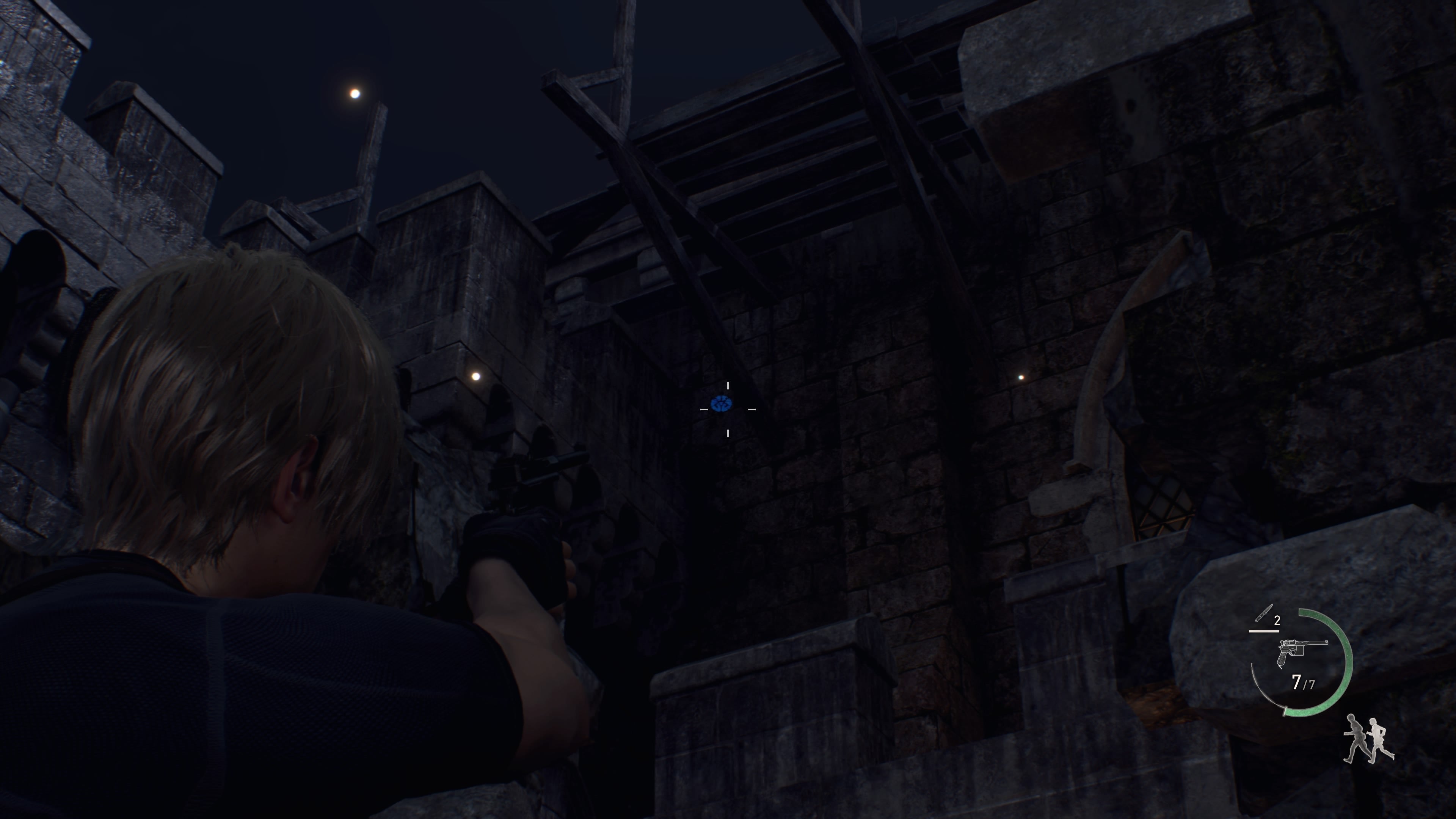A blue medallion hung high above Leon&rsquo;s head on some scaffolding in the Castle Gate area of Resident Evil 4