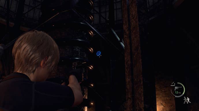 A blue medallion hung above the cannon in the Castle Gate area of Resident Evil 4
