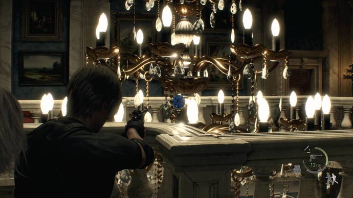 A blue medallion hidden inside of a chandelier in the Great Hall in Resident Evil 4