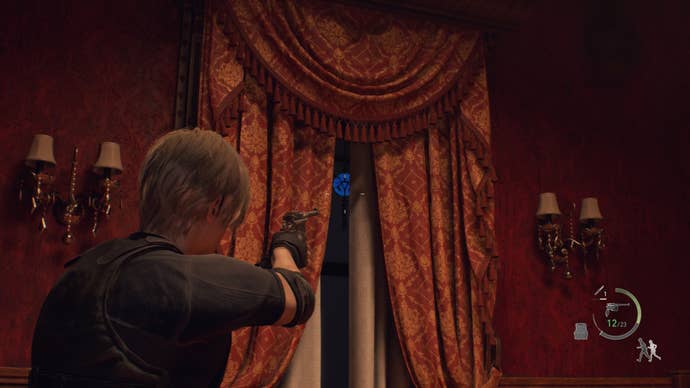 A blue medallion hidden inside some curtains in the Dining Hall in Resident Evil 4
