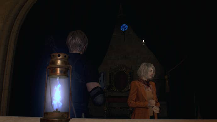 Leon Kennedy and Ashley standing next to a blue medallion on the Armory balcony in Resident Evil 4