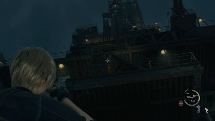 Leon Kennedy aiming a gun at a blue medallion hung high over the Cargo Depot in Resident Evil 4