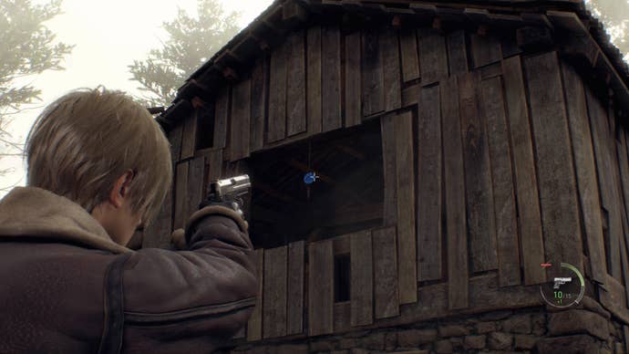 A blue medallion in the top of a barn in Resident Evil 4.