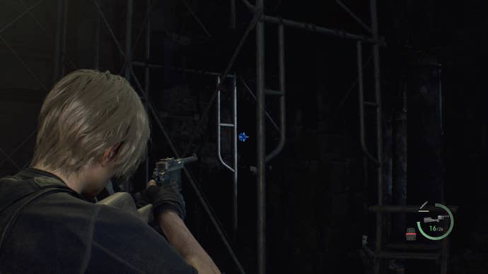 A blue medallion hung over the top of a ladder in the Cliffside Ruins in Resident Evil 4