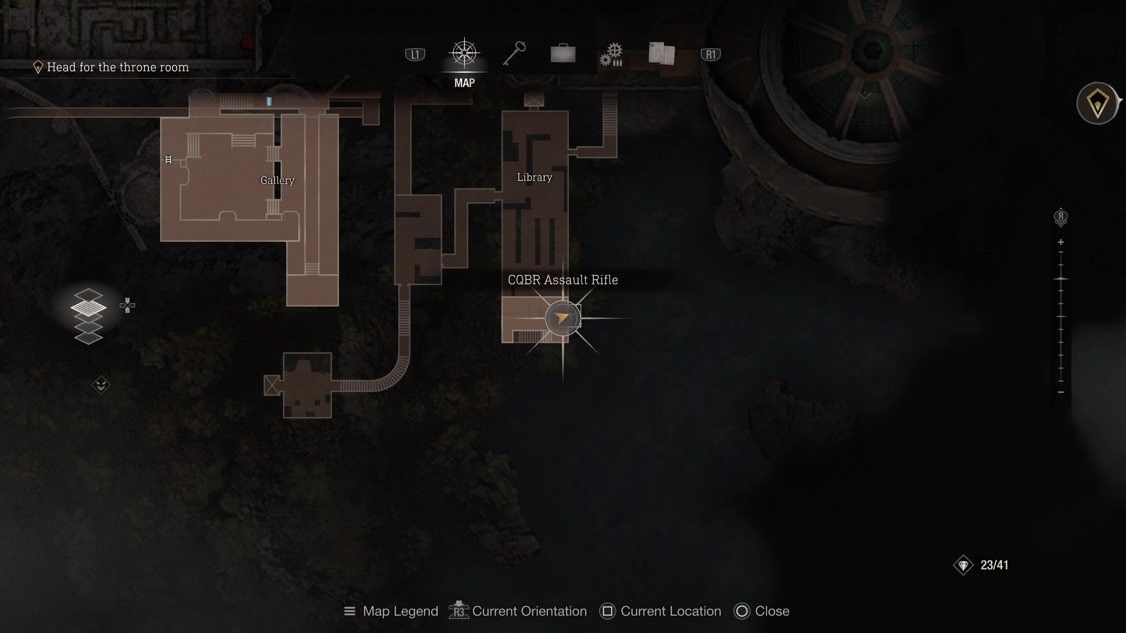 A map screen showing the location of the CQBR assault rifle in Resident Evil 4