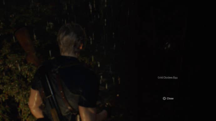 Leon Kennedy examining a gold chicken egg in Resident Evil 4