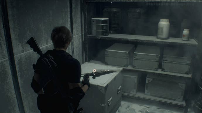 Leon Kennedy standing over the LE 5 SMG inside the Freezer in Resident Evil 4