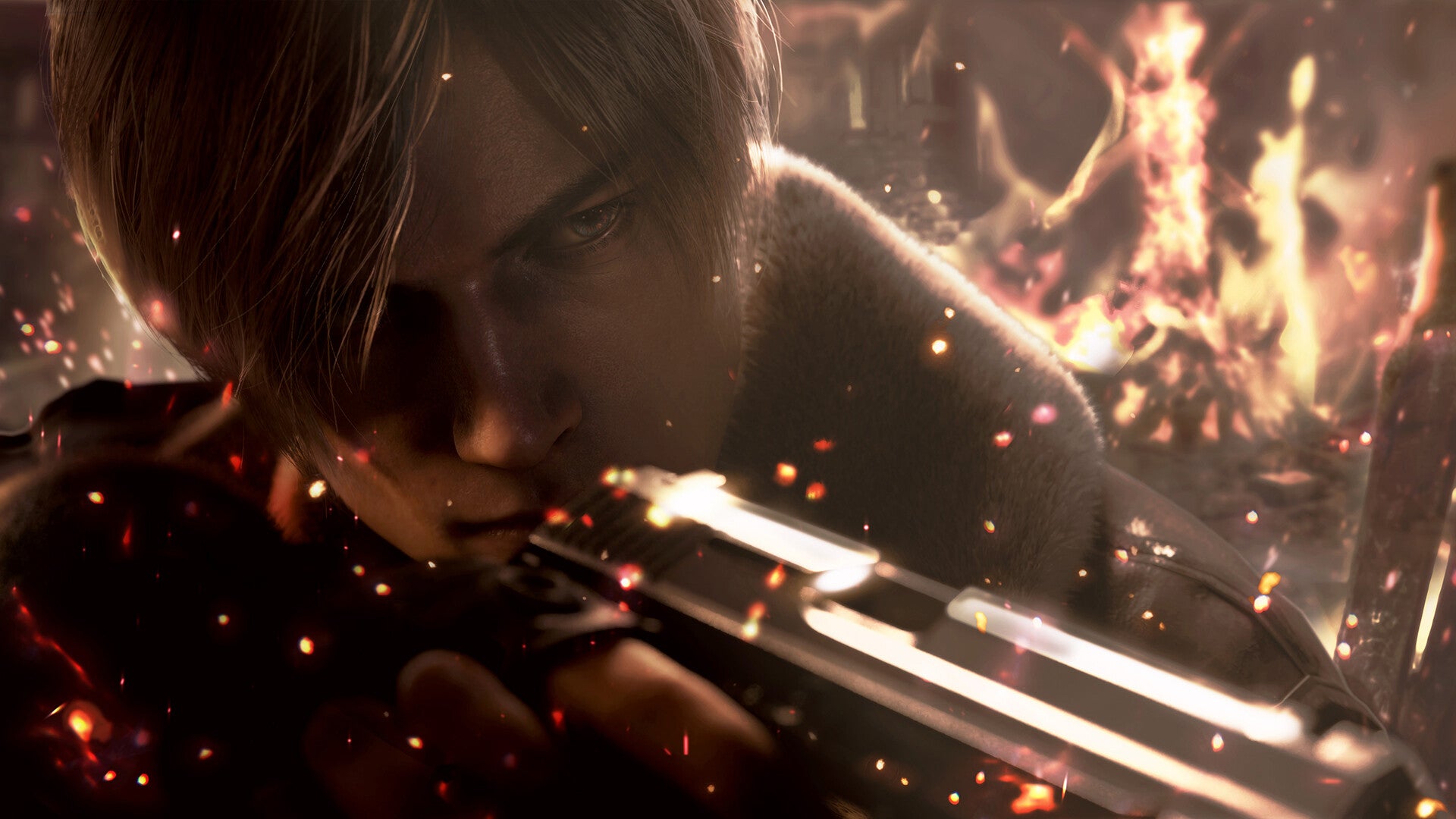 Leon Kennedy holding a gun in the Resident Evil 4 remake.