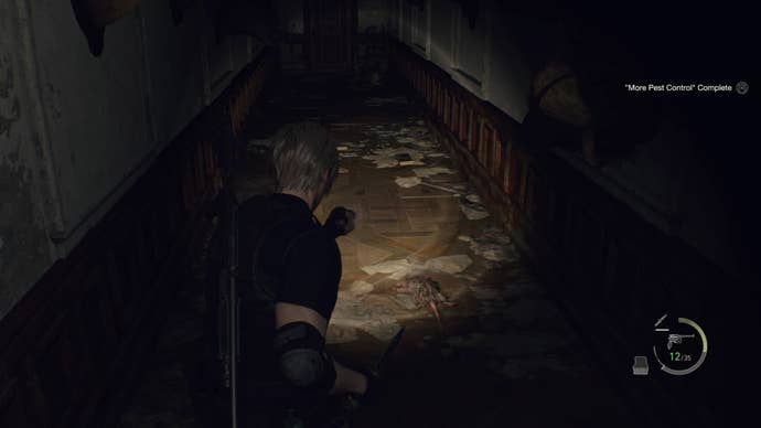 Leon using a flashlight to illuminate the third rat for More Pest Control in Resident Evil 4