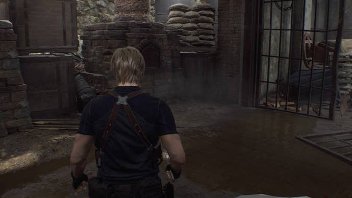 Leon Kennedy standing next to the first Pest Control rat next to the furnace in Resident Evil 4