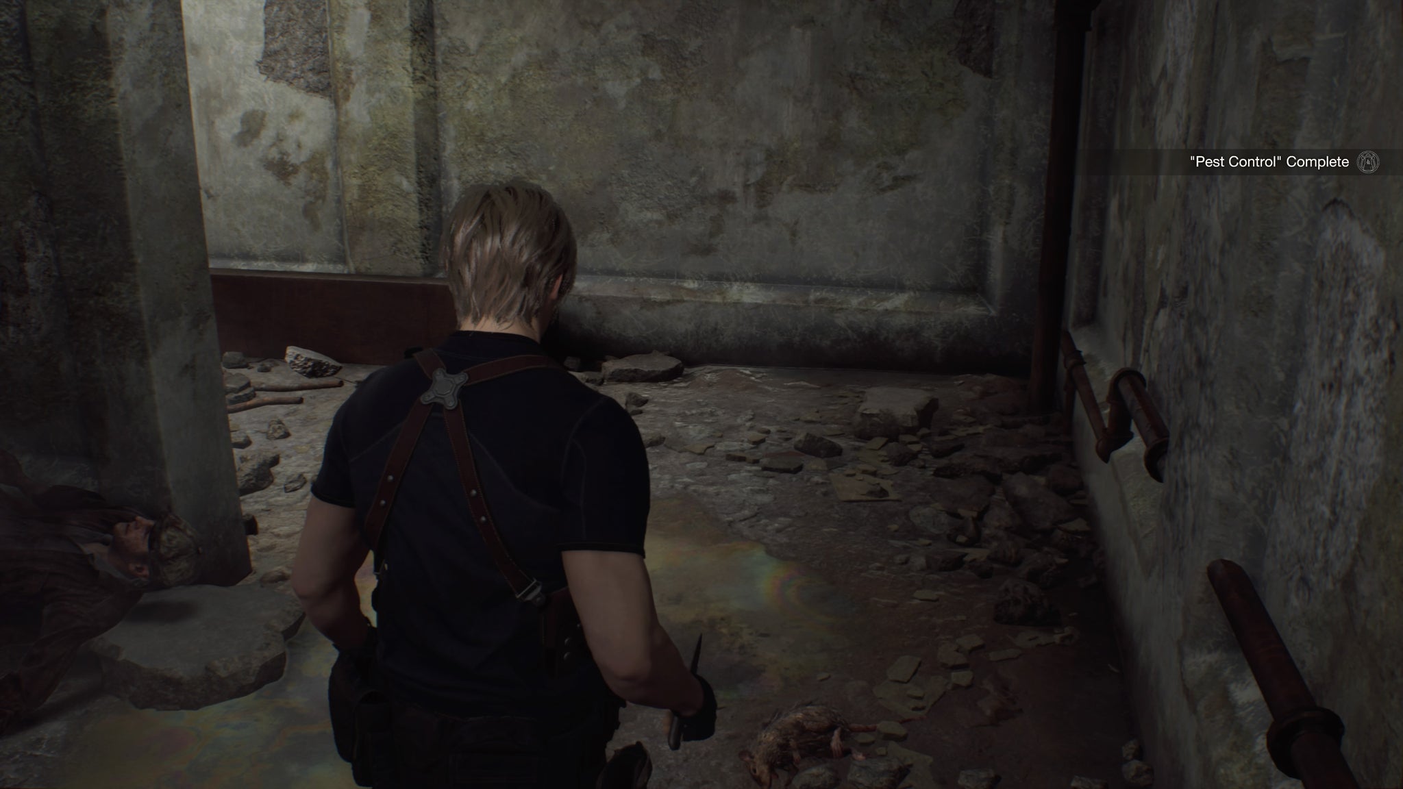 Leon Kennedy standing over the third rat needed to complete Pest Control in Resident Evil 4 - 6