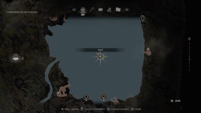 A map screenshot of the Red9 pistol in the middle of the lake in Resident Evil 4.