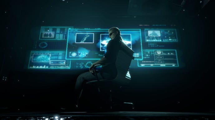 Albert Wesker sits in a chair illuminated by glowing blue screens in art for Resident Evil 4 Remake's Separate Ways DLC