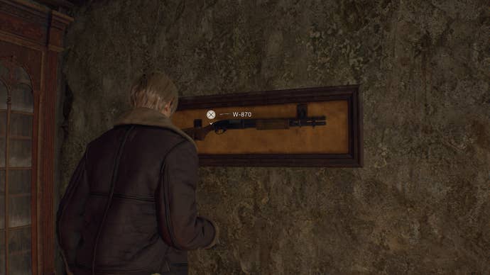 Leon Kennedy grabbing the W-870 Shotgun off a wall in Resident Evil 4.