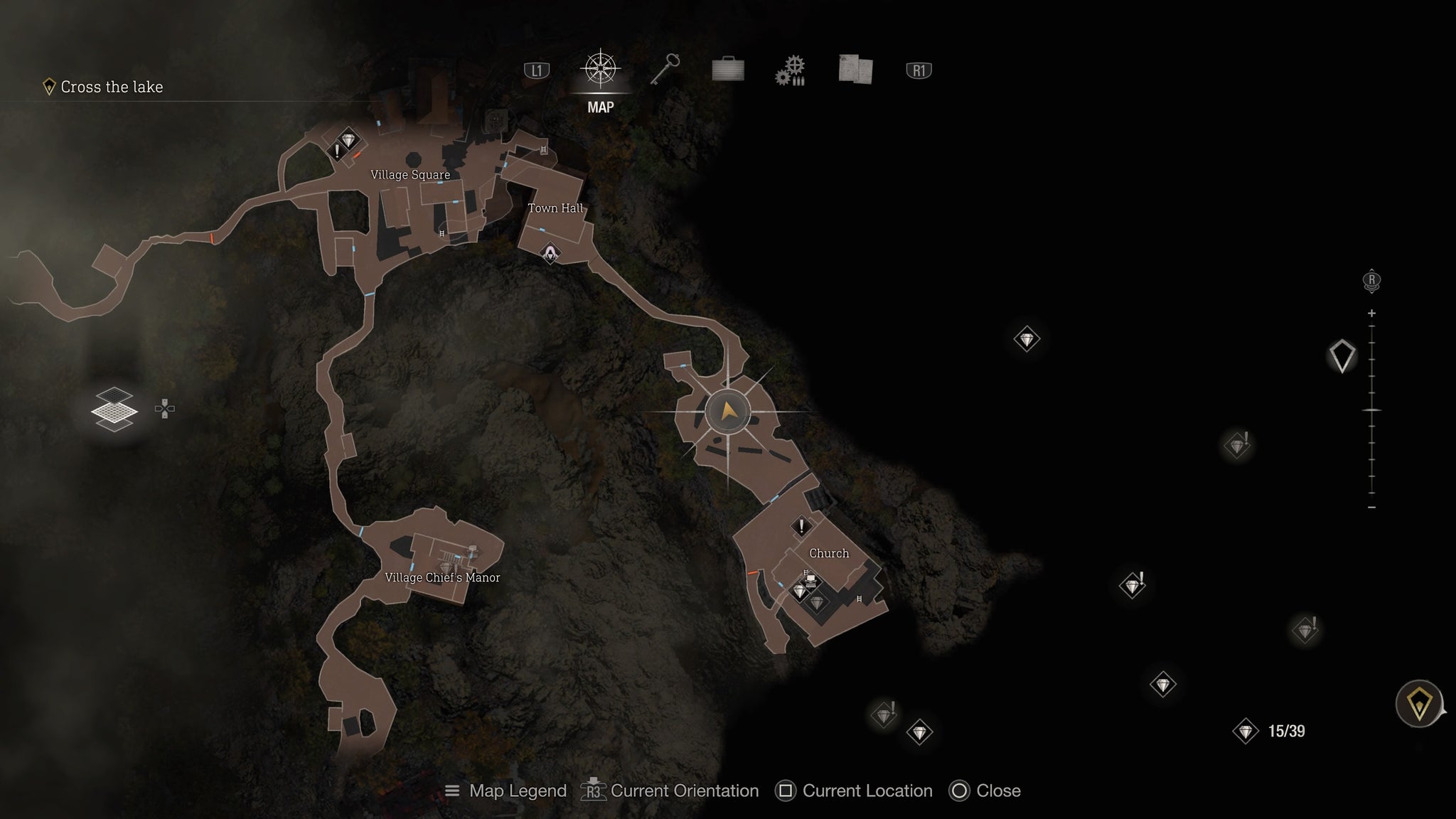 A map screen showing the location of the twin tombstone emblems in Resident Evil 4 - 4