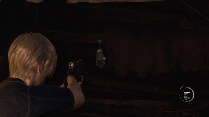 Leon Kennedy shooting a treasure bell in Resident Evil 4.